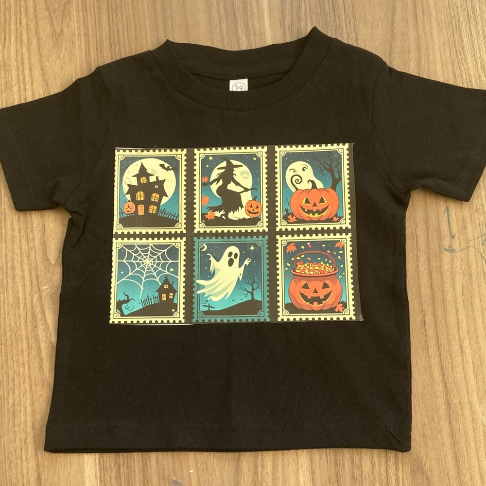 Rabbit Skins Black Halloween Kids Tee with Colorful Prints